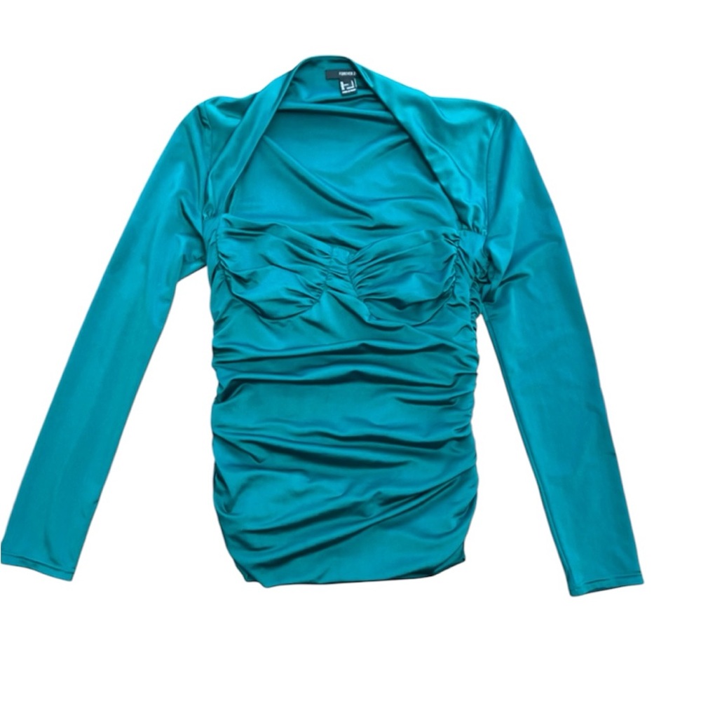 Forever 21 Green Ruched Long Sleeve Blouse